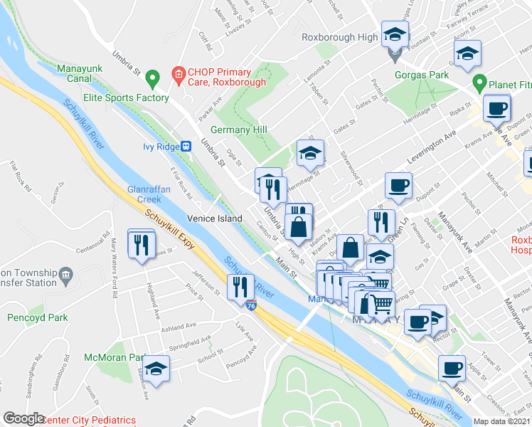 map of restaurants, bars, coffee shops, grocery stores, and more near 4664 Umbria Street in Philadelphia