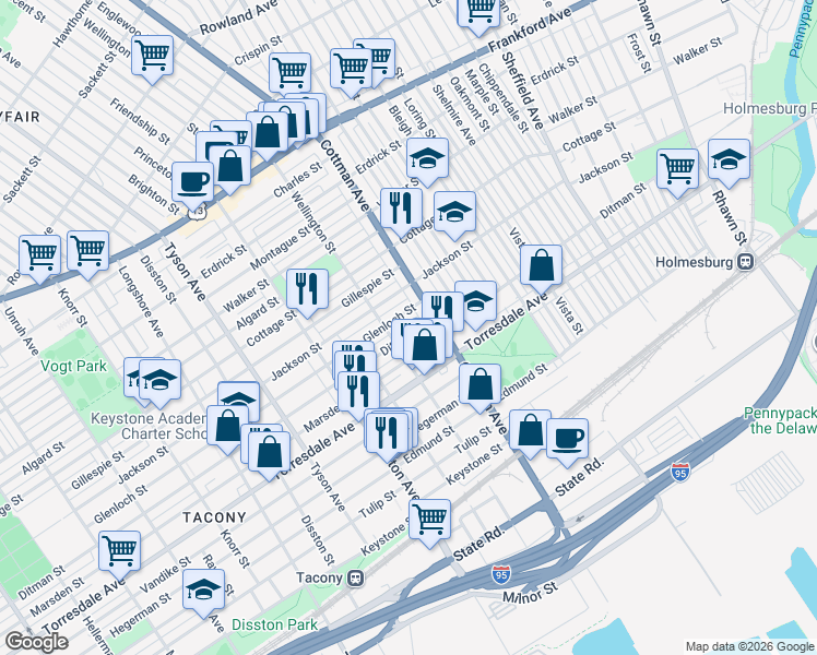 map of restaurants, bars, coffee shops, grocery stores, and more near 7200 Ditman Street in Philadelphia