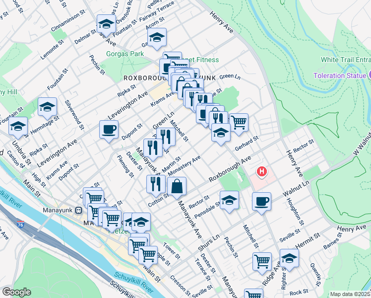 map of restaurants, bars, coffee shops, grocery stores, and more near 430 Martin Street in Philadelphia