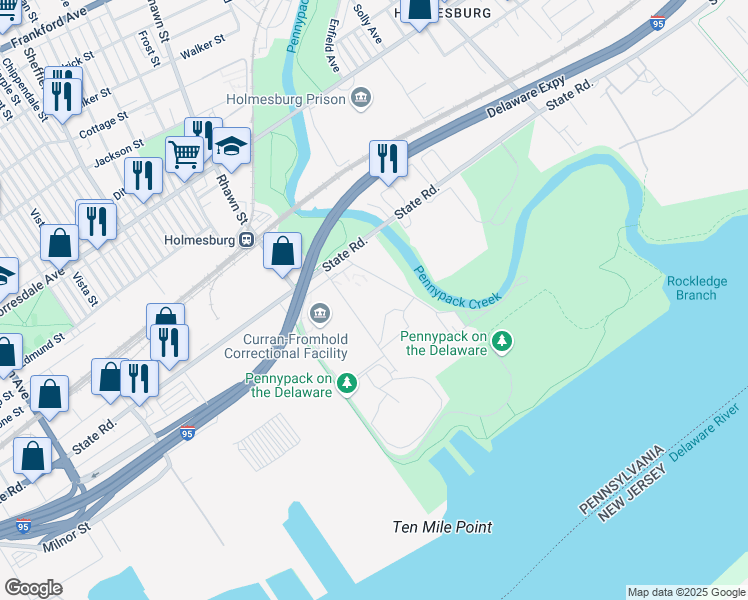 map of restaurants, bars, coffee shops, grocery stores, and more near 8001 State Road in Philadelphia