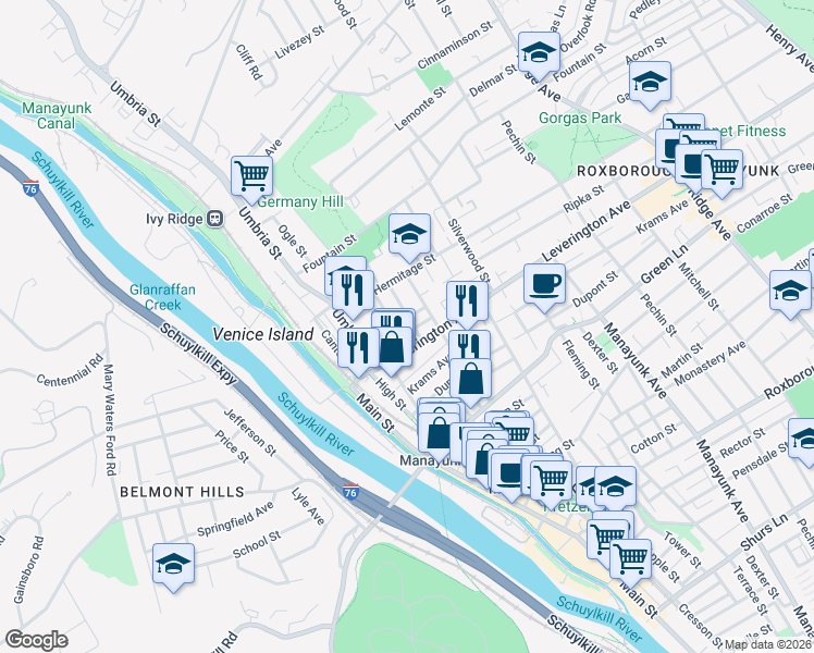 map of restaurants, bars, coffee shops, grocery stores, and more near 148 Leverington Avenue in Philadelphia