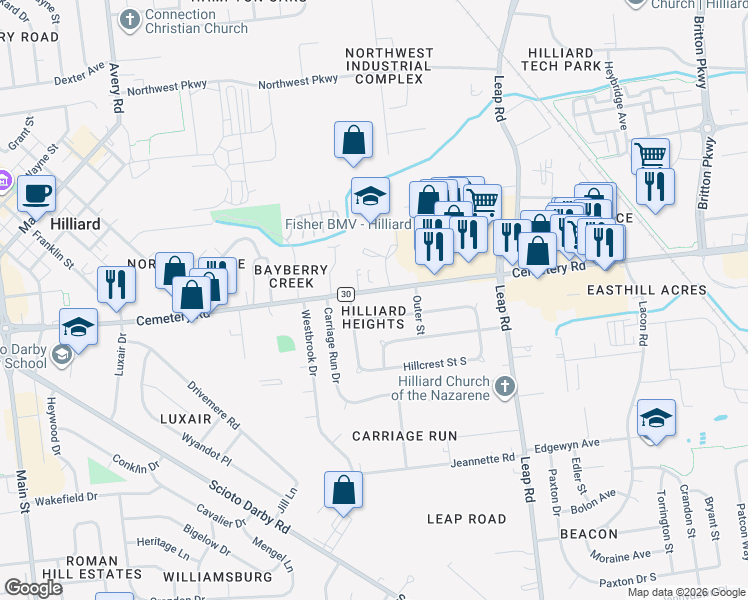 map of restaurants, bars, coffee shops, grocery stores, and more near 4822 Hillcrest Street North in Hilliard