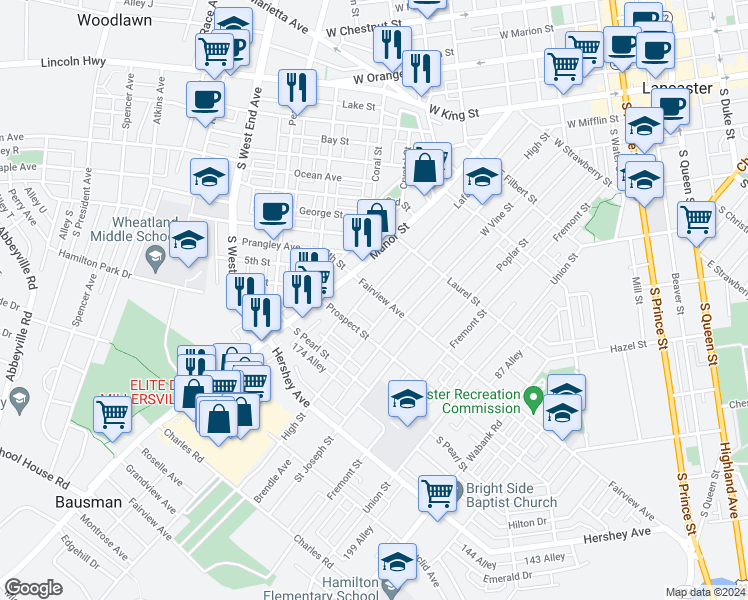 map of restaurants, bars, coffee shops, grocery stores, and more near 46 Fairview Avenue in Lancaster
