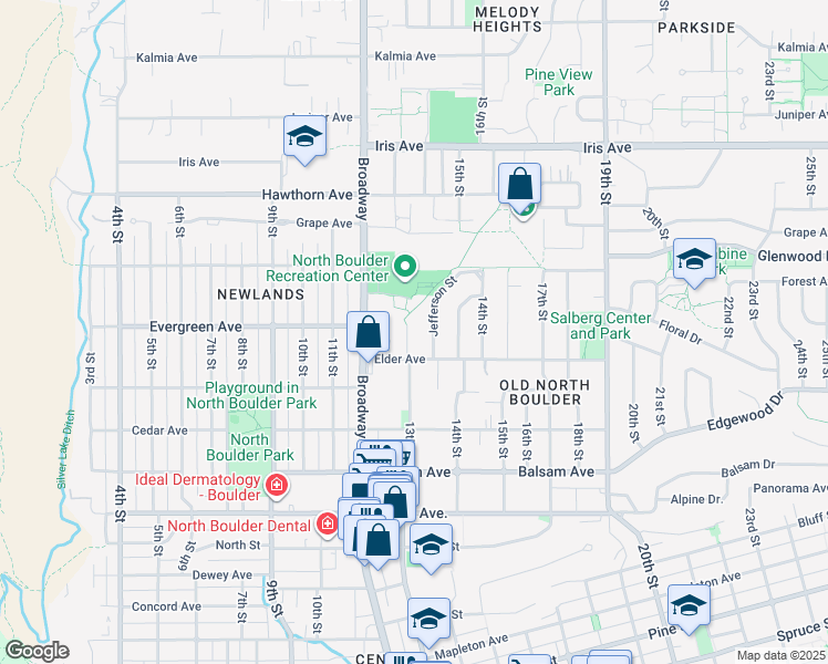 map of restaurants, bars, coffee shops, grocery stores, and more near 3014 13th Street in Boulder