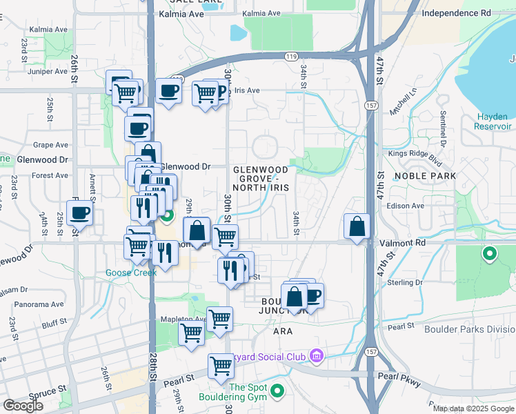 map of restaurants, bars, coffee shops, grocery stores, and more near 3003 Valmont Road in Boulder