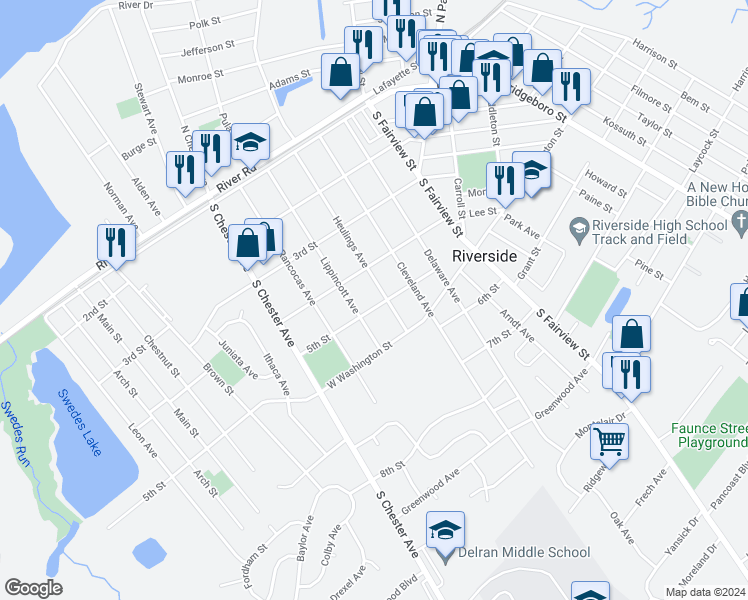 map of restaurants, bars, coffee shops, grocery stores, and more near 421 Lippincott Avenue in Riverside