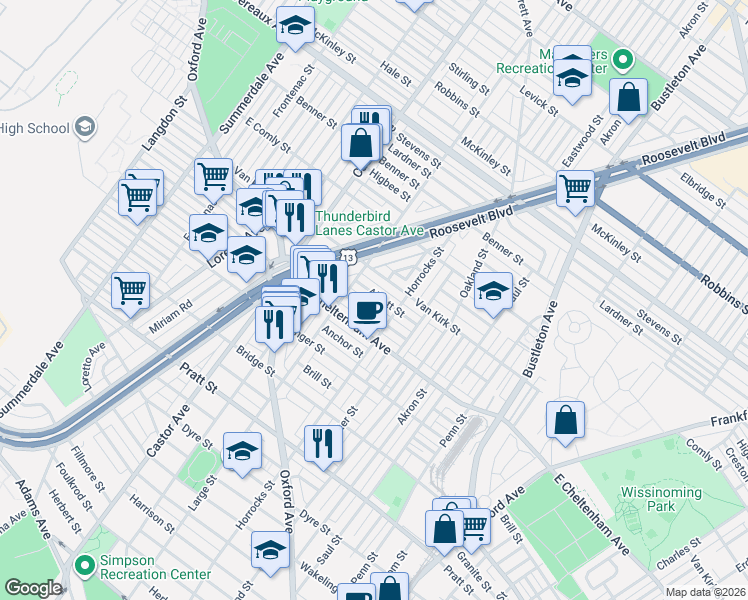 map of restaurants, bars, coffee shops, grocery stores, and more near 1439 Rosalie Street in Philadelphia