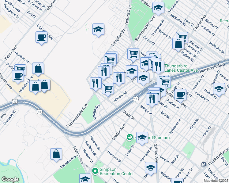 map of restaurants, bars, coffee shops, grocery stores, and more near 971 Granite Street in Philadelphia