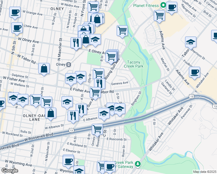 map of restaurants, bars, coffee shops, grocery stores, and more near 5342 Westford Road in Philadelphia