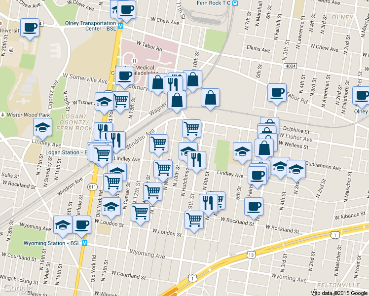 map of restaurants, bars, coffee shops, grocery stores, and more near 5125 North 10th Street in Philadelphia