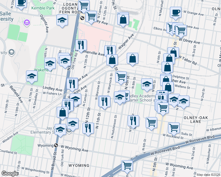map of restaurants, bars, coffee shops, grocery stores, and more near 5125 North 10th Street in Philadelphia