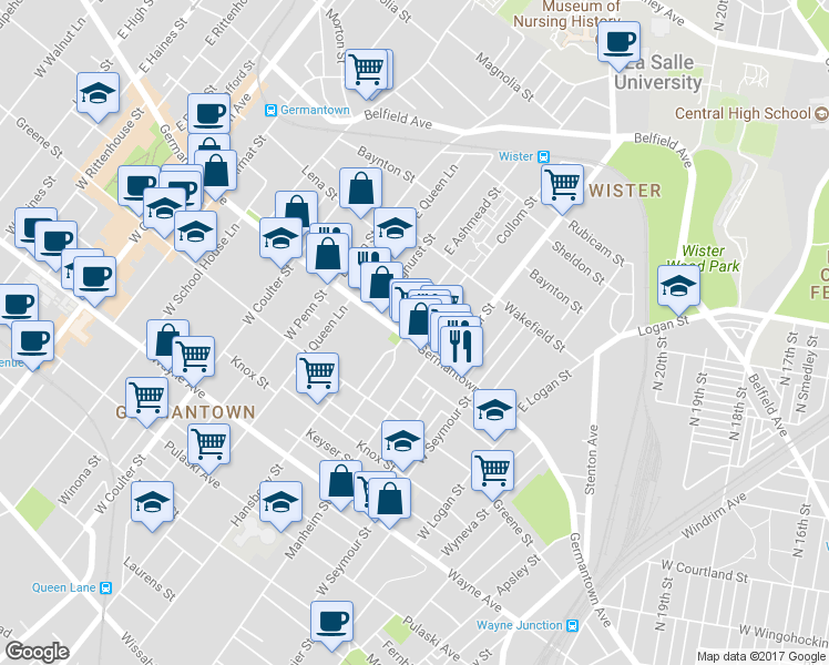 map of restaurants, bars, coffee shops, grocery stores, and more near 5124 Germantown Avenue in Philadelphia