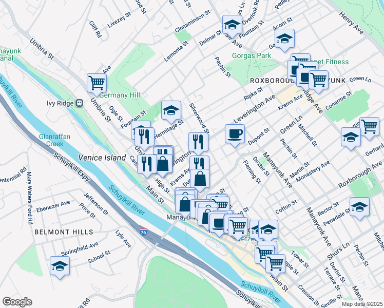 map of restaurants, bars, coffee shops, grocery stores, and more near 200 Krams Avenue in Philadelphia