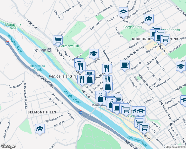 map of restaurants, bars, coffee shops, grocery stores, and more near 148 Leverington Avenue in Philadelphia