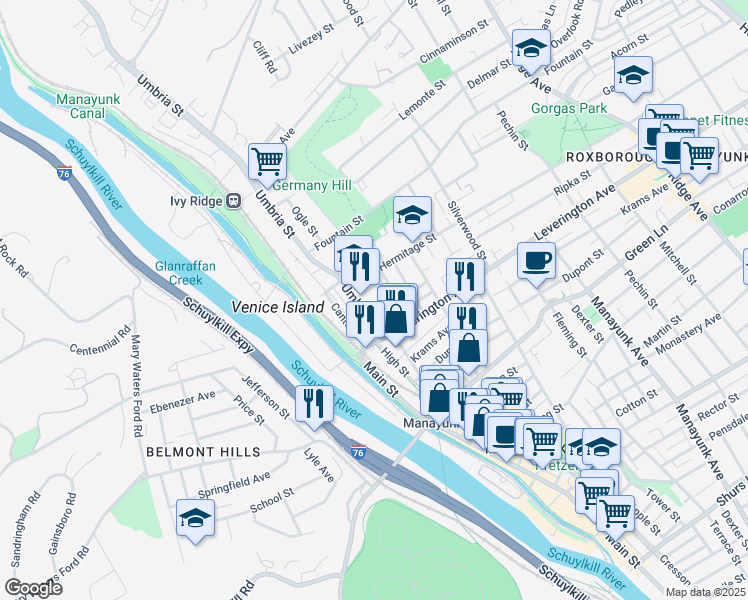 map of restaurants, bars, coffee shops, grocery stores, and more near 107 Ripka Street in Philadelphia
