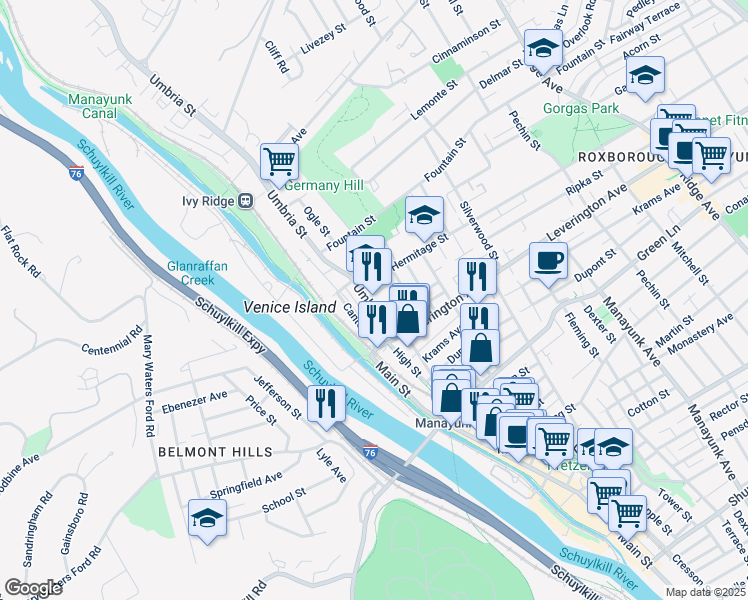 map of restaurants, bars, coffee shops, grocery stores, and more near 4653 Umbria Street in Philadelphia