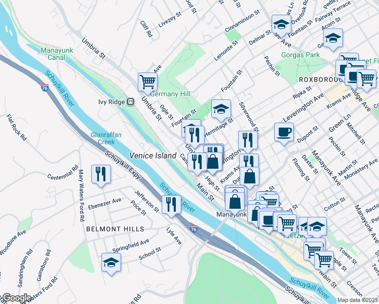 map of restaurants, bars, coffee shops, grocery stores, and more near 4664 Umbria Street in Philadelphia