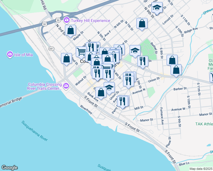 map of restaurants, bars, coffee shops, grocery stores, and more near 110 South 3rd Street in Columbia