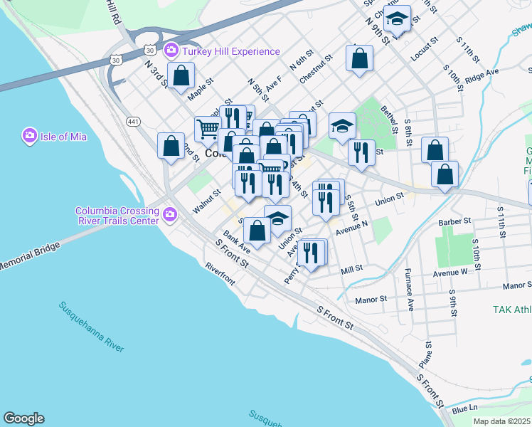 map of restaurants, bars, coffee shops, grocery stores, and more near 110 South 3rd Street in Columbia