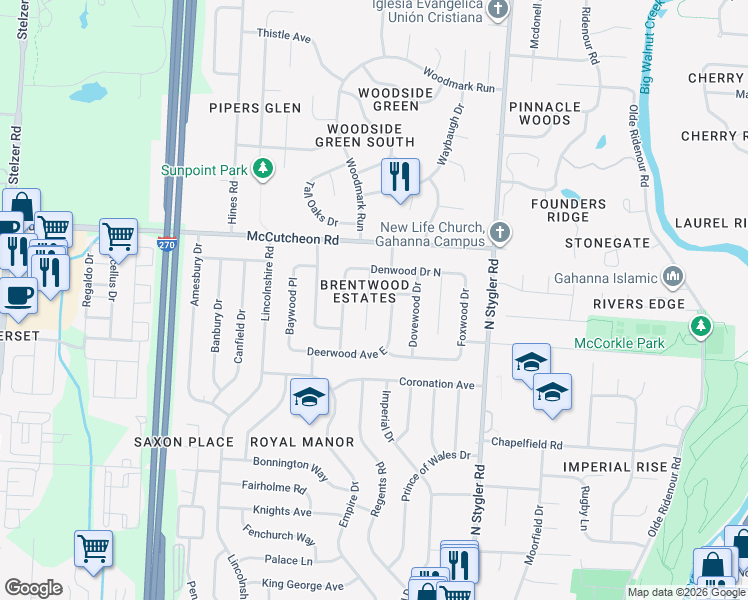 map of restaurants, bars, coffee shops, grocery stores, and more near 454 Denwood Court in Columbus