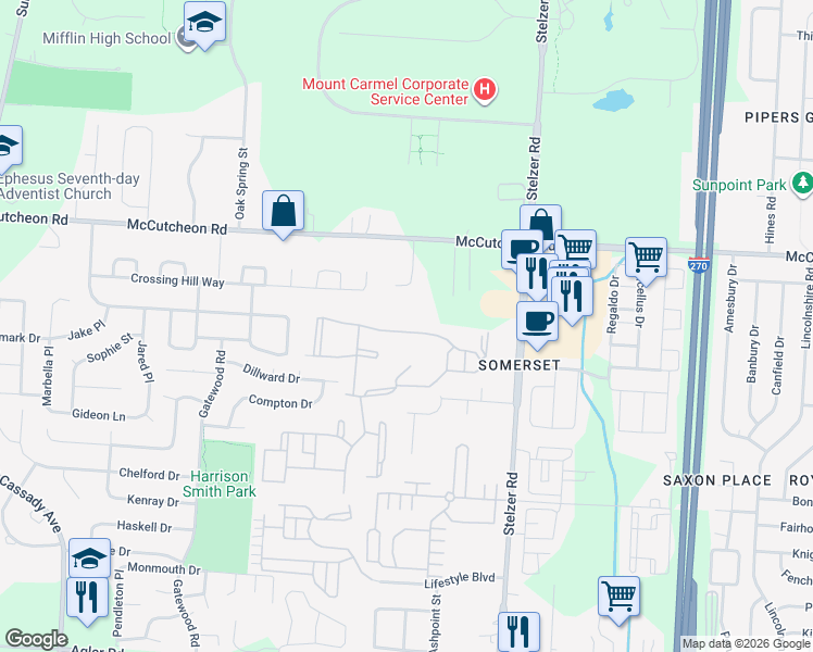 map of restaurants, bars, coffee shops, grocery stores, and more near 3677 Emery Club Way in Columbus