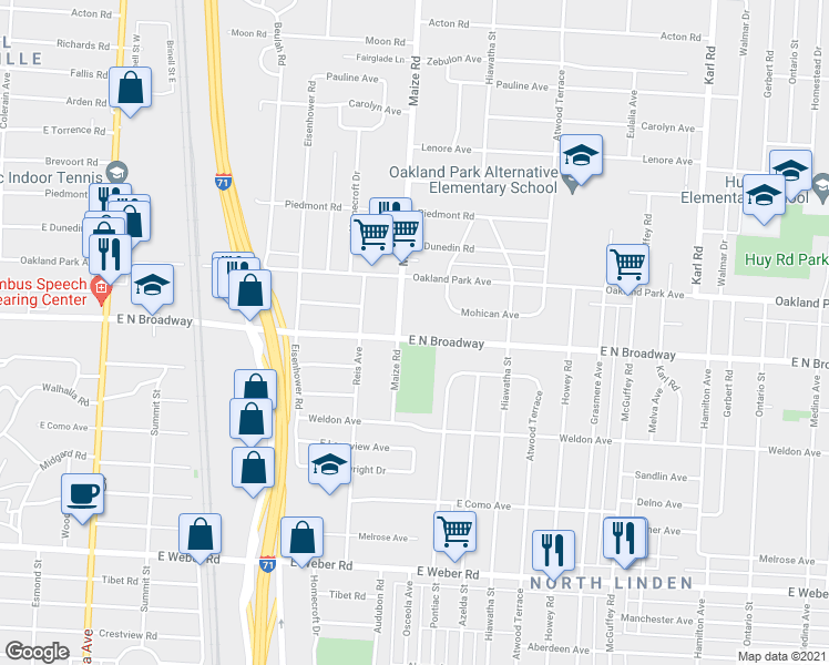 map of restaurants, bars, coffee shops, grocery stores, and more near 3220 Maize Road in Columbus