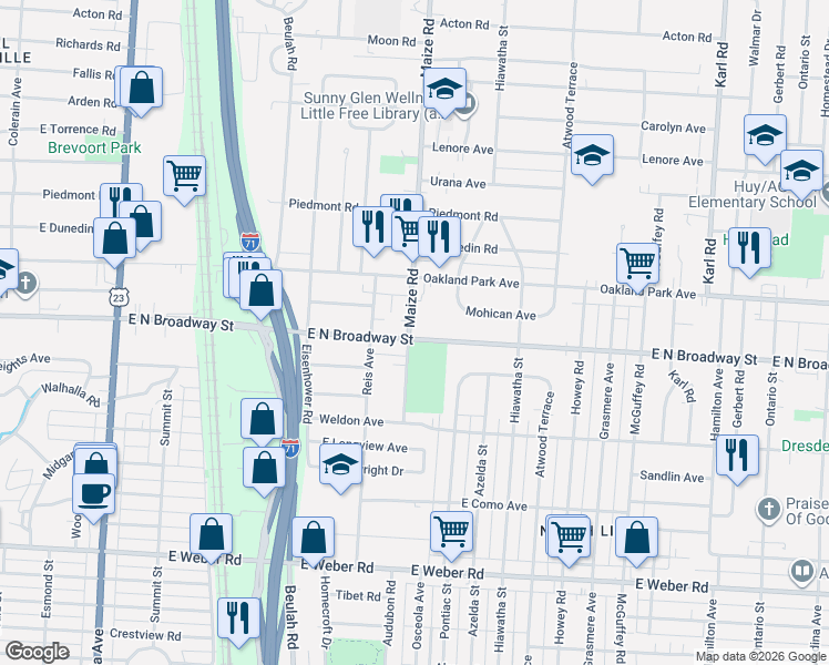 map of restaurants, bars, coffee shops, grocery stores, and more near 3220 Maize Road in Columbus