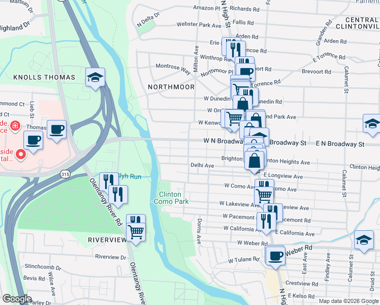map of restaurants, bars, coffee shops, grocery stores, and more near 175 Brighton Road in Columbus