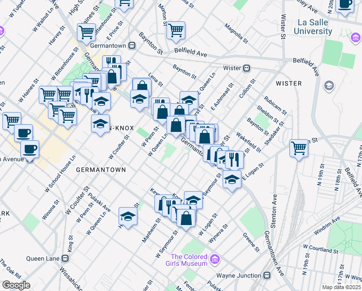 map of restaurants, bars, coffee shops, grocery stores, and more near 5140 Germantown Avenue in Philadelphia