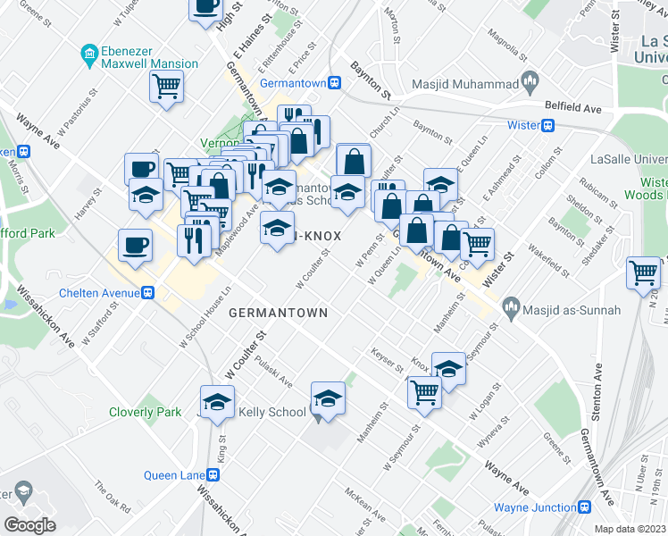 map of restaurants, bars, coffee shops, grocery stores, and more near 5334 Greene Street in Philadelphia