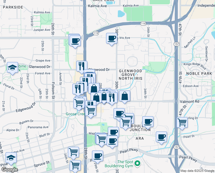 map of restaurants, bars, coffee shops, grocery stores, and more near 2956 Eagle Way in Boulder