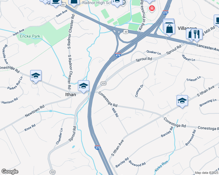 map of restaurants, bars, coffee shops, grocery stores, and more near 220 South Spring Mill Road in Villanova