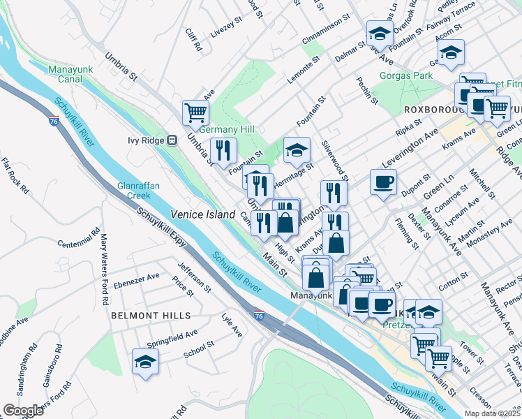 map of restaurants, bars, coffee shops, grocery stores, and more near 4663 Umbria Street in Philadelphia