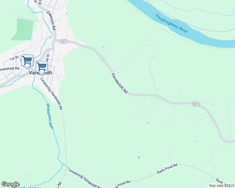 map of restaurants, bars, coffee shops, grocery stores, and more near 265 Vanderbilt Road in Connellsville