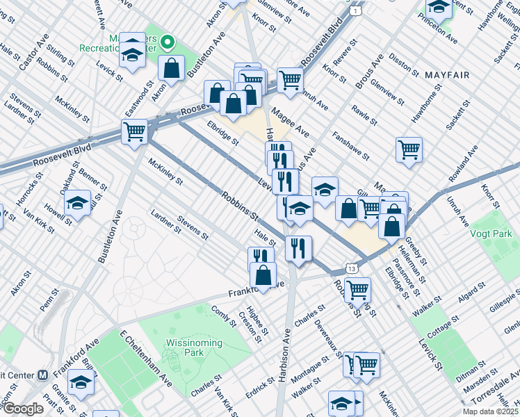 map of restaurants, bars, coffee shops, grocery stores, and more near 6317 Mershon Street in Philadelphia