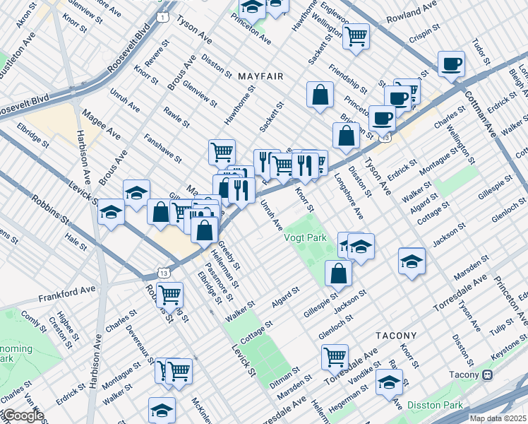 map of restaurants, bars, coffee shops, grocery stores, and more near 4018 Unruh Avenue in Philadelphia