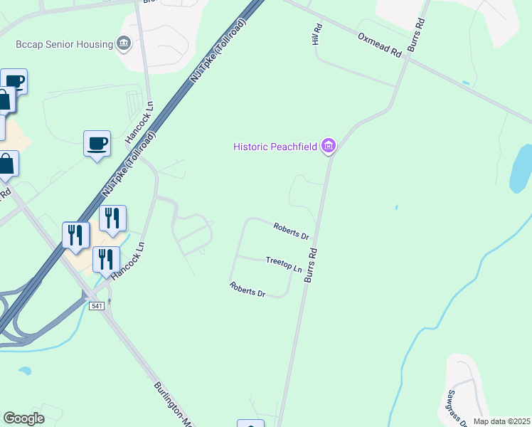 map of restaurants, bars, coffee shops, grocery stores, and more near 10 Roberts Drive in Westampton