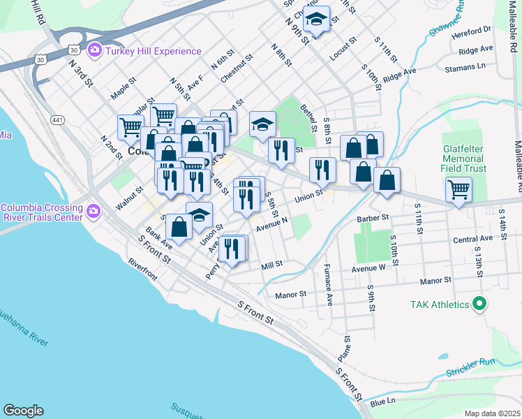map of restaurants, bars, coffee shops, grocery stores, and more near 429 Union Street in Columbia
