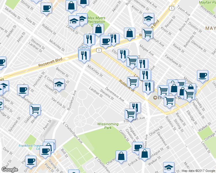 map of restaurants, bars, coffee shops, grocery stores, and more near 6203 Farnsworth Street in Philadelphia