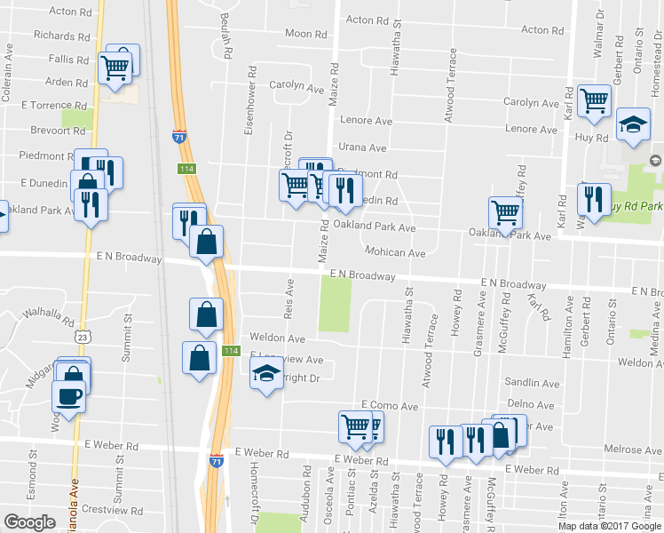 map of restaurants, bars, coffee shops, grocery stores, and more near 3220 Maize Road in Columbus