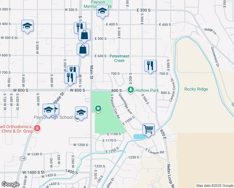 map of restaurants, bars, coffee shops, grocery stores, and more near 215 East 800 South in Payson