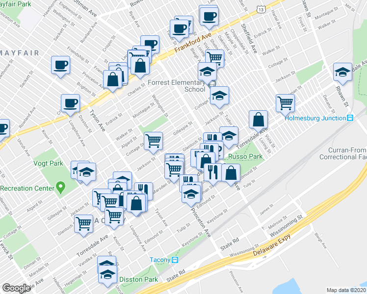 map of restaurants, bars, coffee shops, grocery stores, and more near 7168 Glenloch Street in Philadelphia