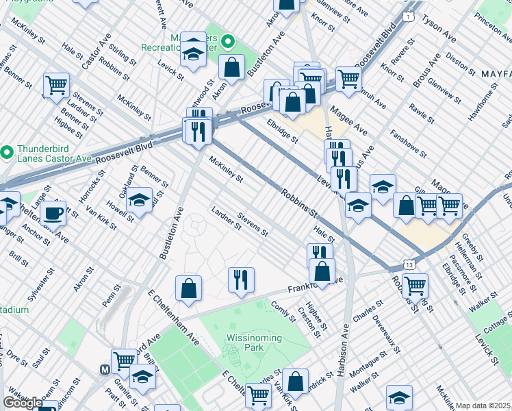 map of restaurants, bars, coffee shops, grocery stores, and more near 6203 Farnsworth Street in Philadelphia