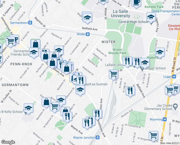 map of restaurants, bars, coffee shops, grocery stores, and more near Wakefield Street & East Clapier Street in Philadelphia