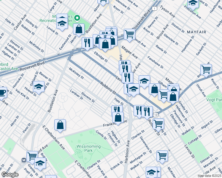 map of restaurants, bars, coffee shops, grocery stores, and more near 6301 Cardiff Street in Philadelphia