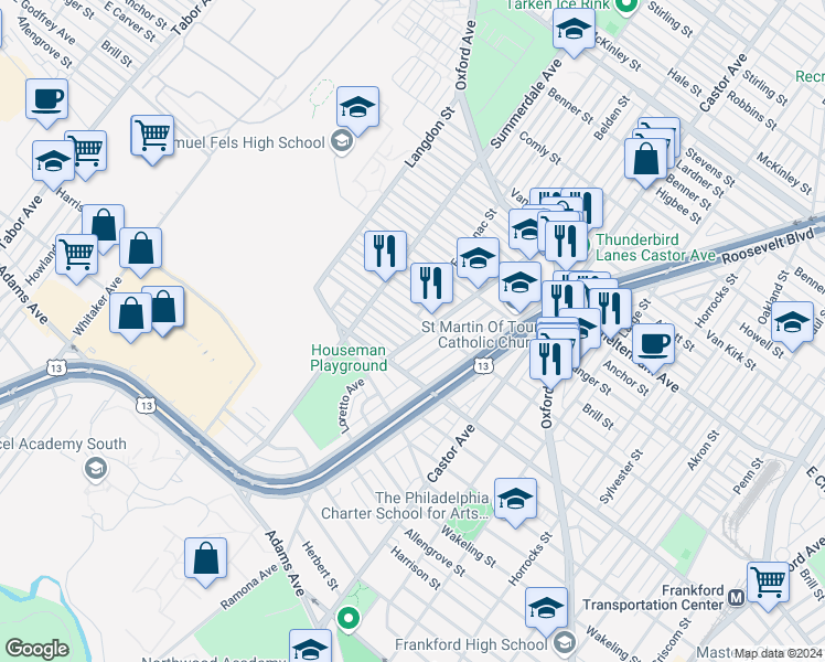 map of restaurants, bars, coffee shops, grocery stores, and more near 967 Granite Street in Philadelphia