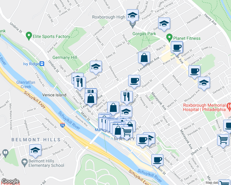 map of restaurants, bars, coffee shops, grocery stores, and more near 228 Krams Avenue in Philadelphia