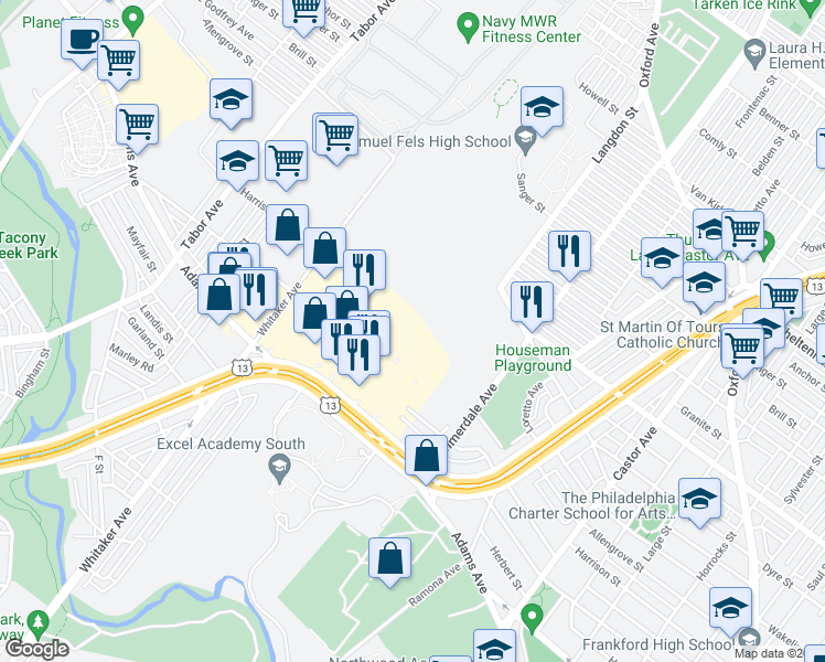 map of restaurants, bars, coffee shops, grocery stores, and more near 20 in Philadelphia