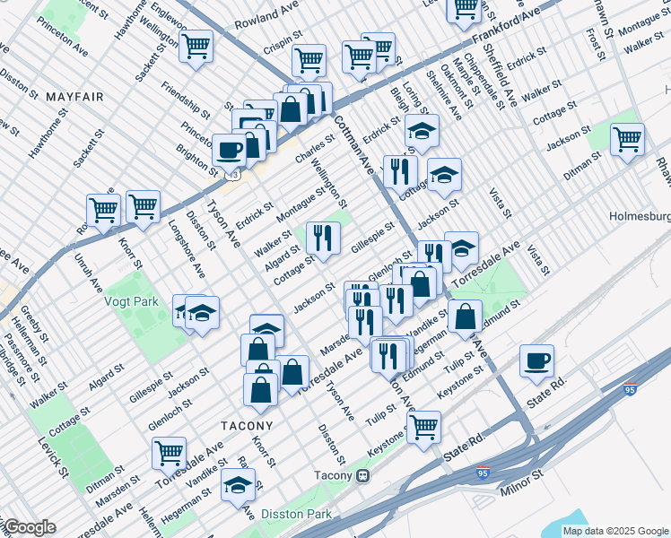 map of restaurants, bars, coffee shops, grocery stores, and more near 7121 Gillespie Street in Philadelphia