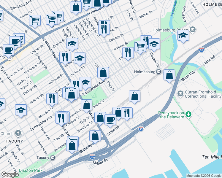 map of restaurants, bars, coffee shops, grocery stores, and more near 4773 Vista Street in Philadelphia